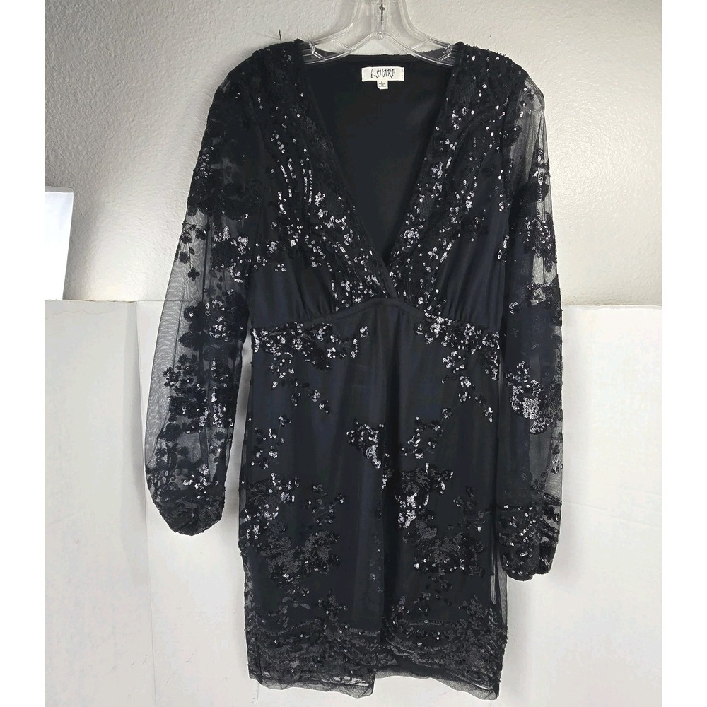 Black Boutique Sequin Print Sheer Balloon Sleeve Deep V Neck Cocktail Dress Sz L